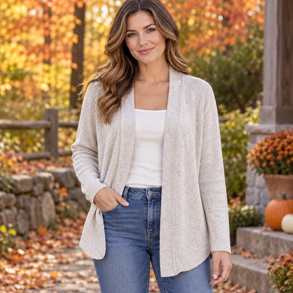 NEW Karen Scott Womens XL Walnut Heather Curved Hem Open Front Cardigan Sweater